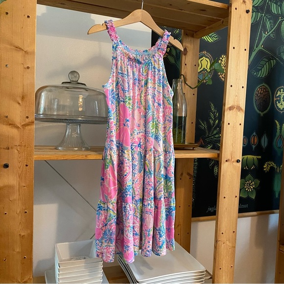 Lilly Pulitzer Colorful Flocks Full of Fun Floral Flamingo Print Loro Dress L - Picture 4 of 12